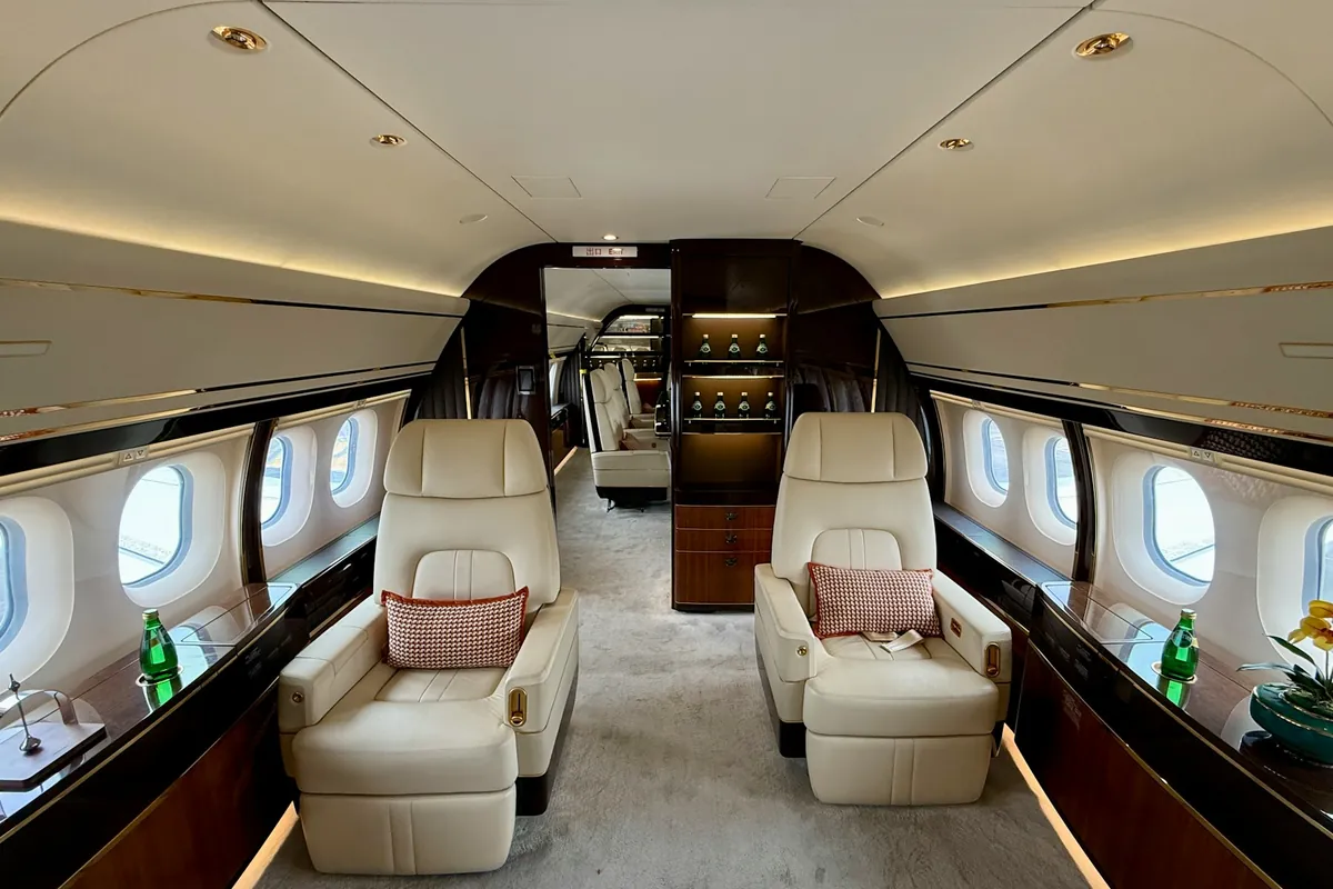 Cream leather cabin of a heavy business jet